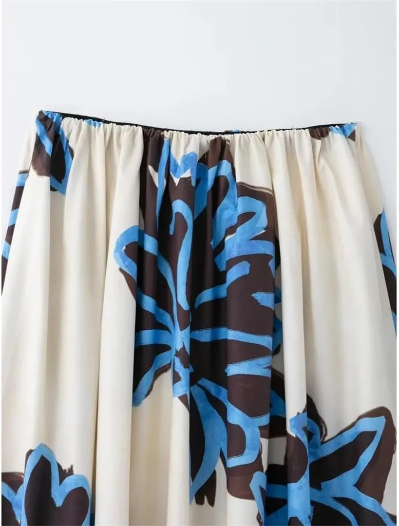 Women Floral Printed Pleated A-Line High Waisted Long Skirts Elastic Waist Elegant Skirts