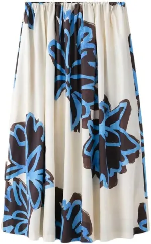 Women Floral Printed Pleated A-Line High Waisted Long Skirts Elastic Waist Elegant Skirts