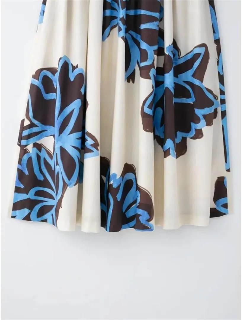 Women Floral Printed Pleated A-Line High Waisted Long Skirts Elastic Waist Elegant Skirts