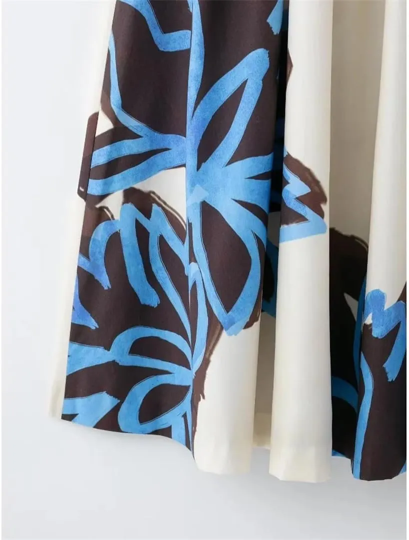 Women Floral Printed Pleated A-Line High Waisted Long Skirts Elastic Waist Elegant Skirts