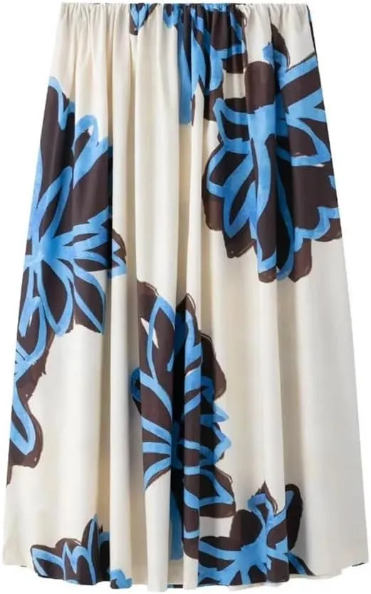 Women Floral Printed Pleated A-Line High Waisted Long Skirts Elastic Waist Elegant Skirts