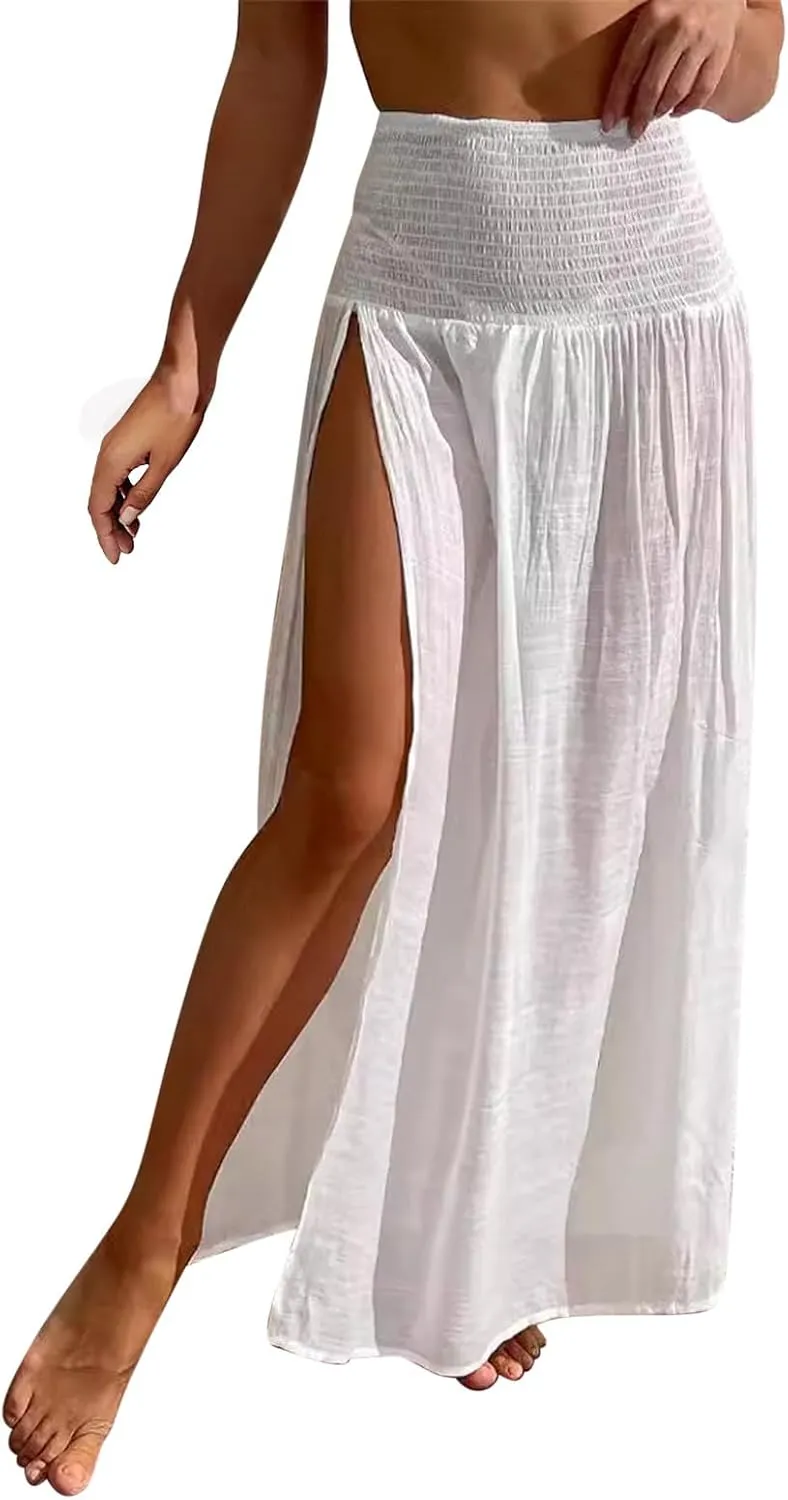 Women Maxi Skirt with High Slit Sexy Party Skirt Long Flowy Beach Skirts Elastic High Waist Wrap Skirts A Line Skirt