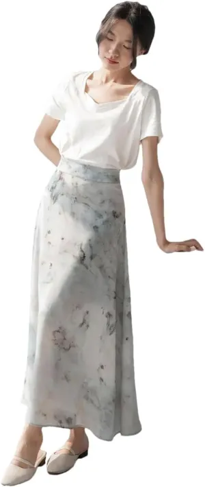 Women Midi High Waist A-Line Elegant Office Print Skirts Korean Style Skirts