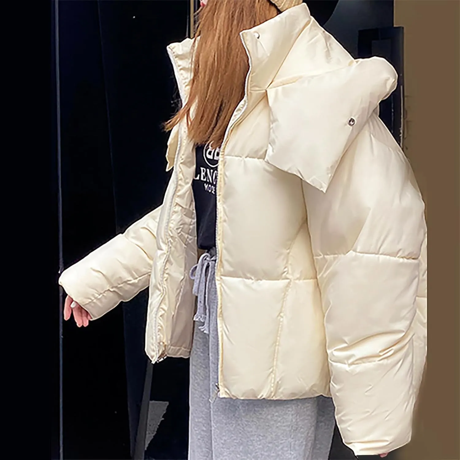 Women Quilted Coat Winth Hood Winter Long Sleeve Zip Puffer Jacket Pockets Baggy Short Down Coats Bubble Coat