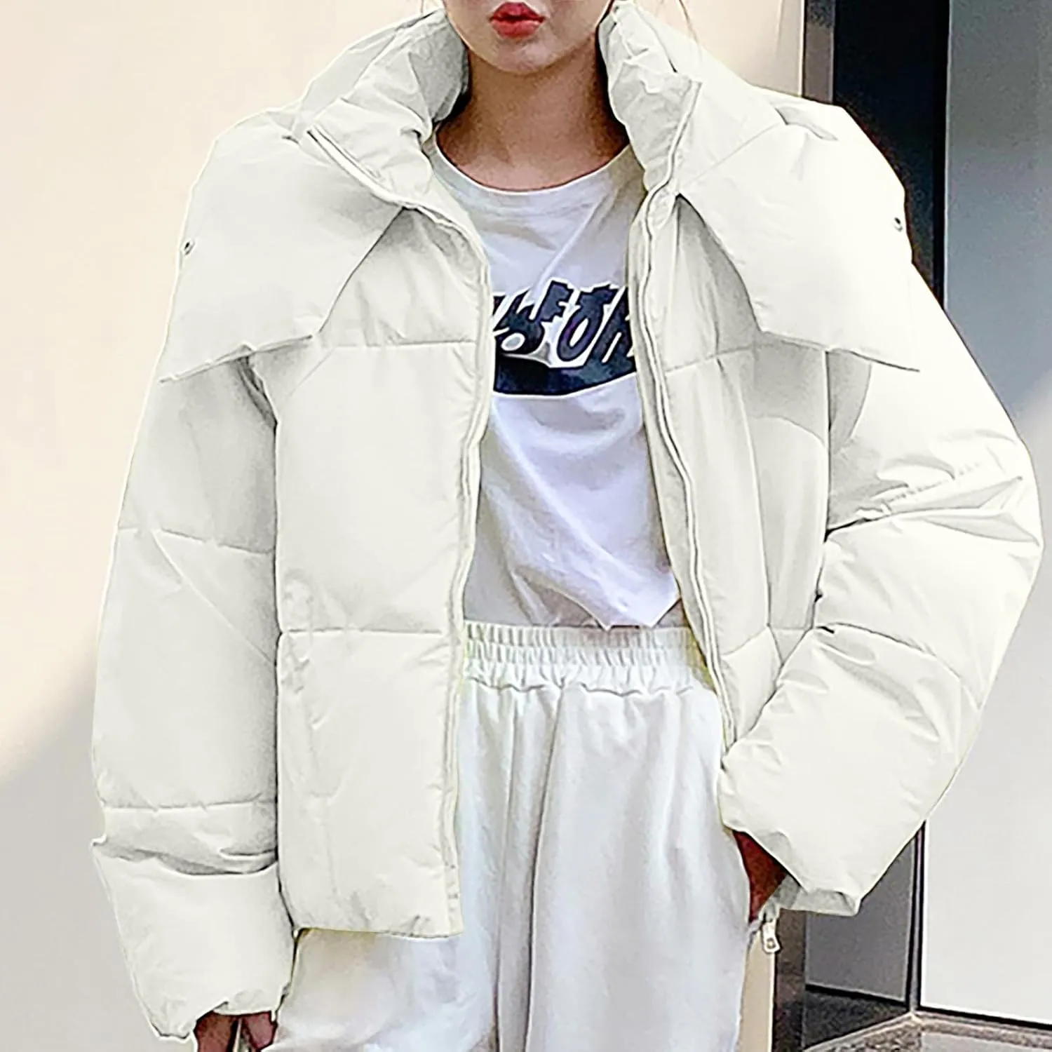 Women Quilted Coat Winth Hood Winter Long Sleeve Zip Puffer Jacket Pockets Baggy Short Down Coats Bubble Coat