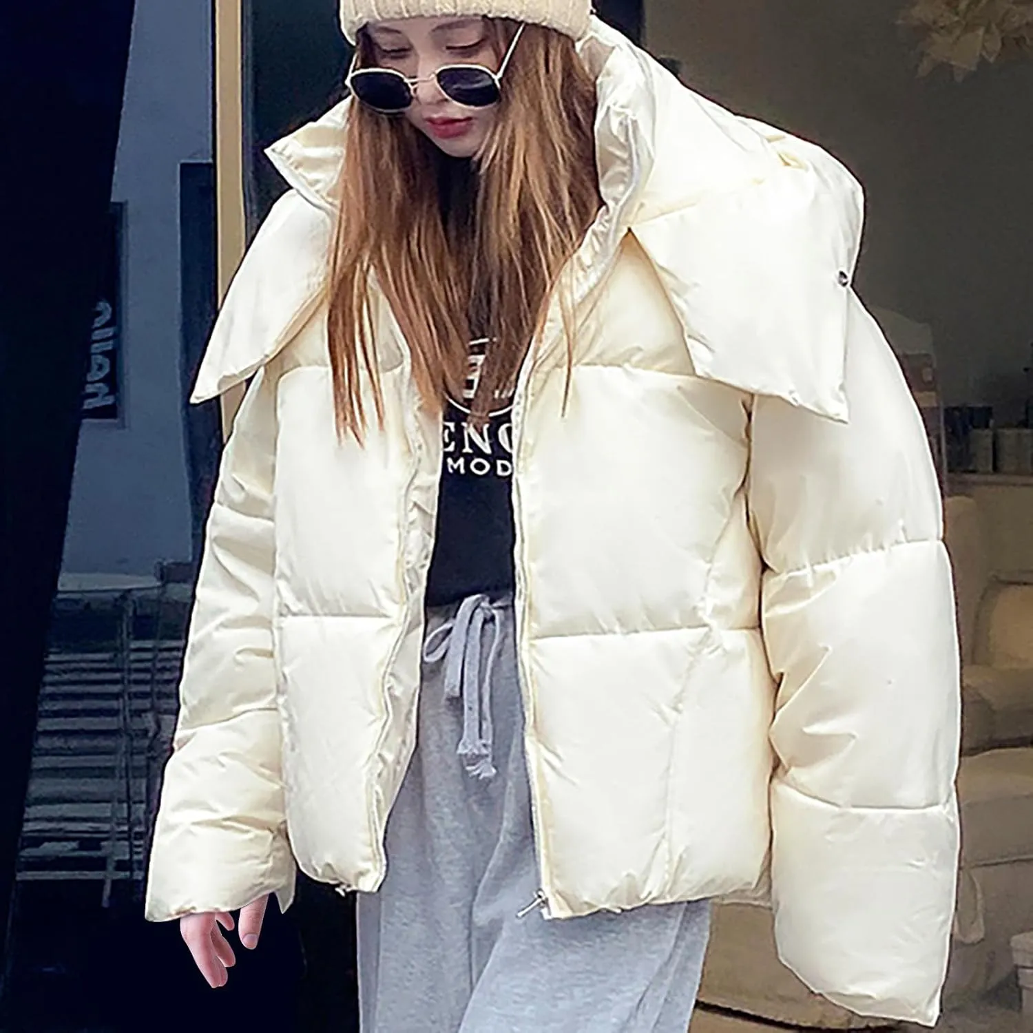 Women Quilted Coat Winth Hood Winter Long Sleeve Zip Puffer Jacket Pockets Baggy Short Down Coats Bubble Coat