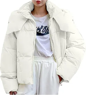 Women Quilted Coat Winth Hood Winter Long Sleeve Zip Puffer Jacket Pockets Baggy Short Down Coats Bubble Coat