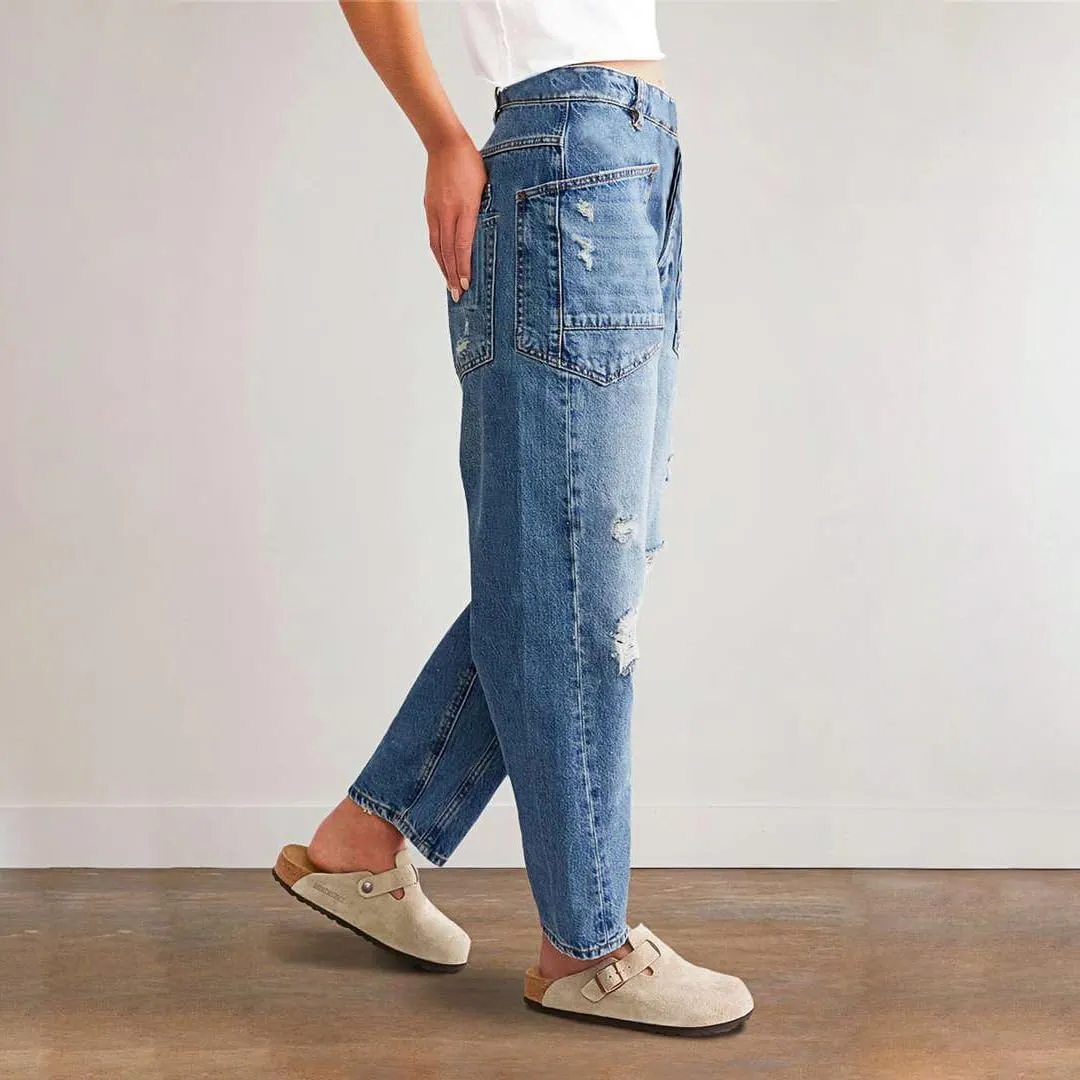 Women Ripped Barrel Jeans Wide Leg Mid Rise Boyfriend Ankle Denim Pants Distressed Baggy Jeans