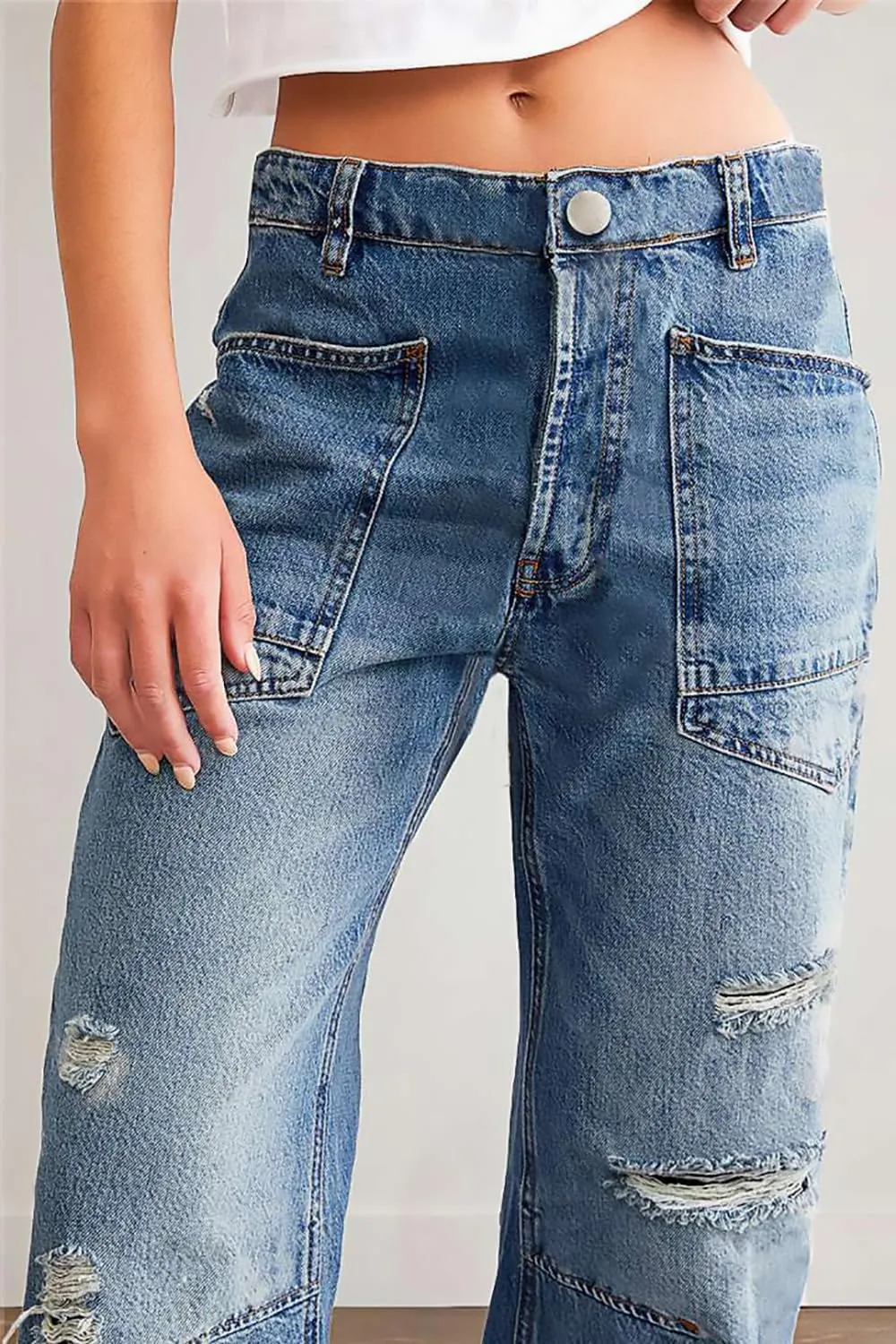 Women Ripped Barrel Jeans Wide Leg Mid Rise Boyfriend Ankle Denim Pants Distressed Baggy Jeans