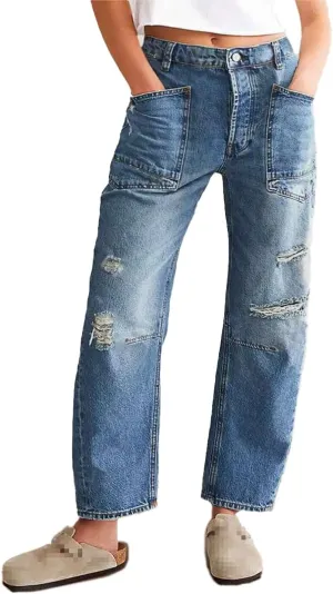 Women Ripped Barrel Jeans Wide Leg Mid Rise Boyfriend Ankle Denim Pants Distressed Baggy Jeans