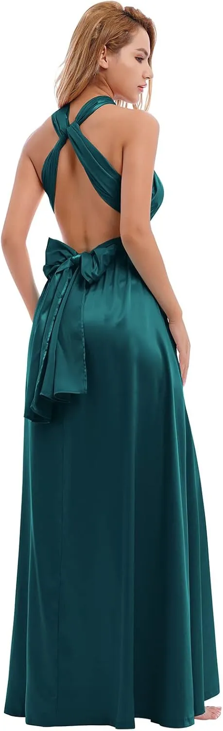 Women Satin Transformer Infinity Dress with Bandeau Convertible Bridesmaid Dress Split Long Formal Twist Wrap Multi-Way Dress