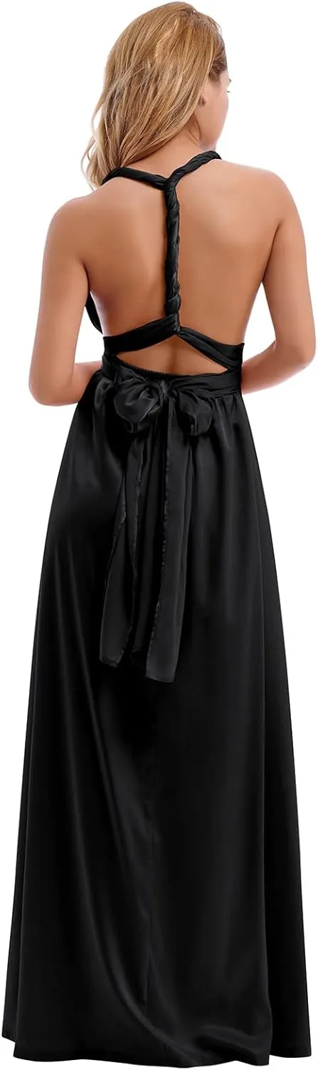 Women Satin Transformer Infinity Dress with Bandeau Convertible Bridesmaid Dress Split Long Formal Twist Wrap Multi-Way Dress