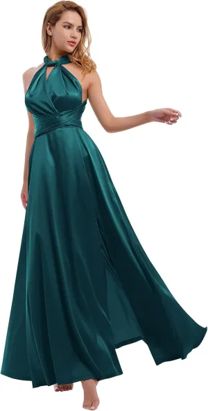 Women Satin Transformer Infinity Dress with Bandeau Convertible Bridesmaid Dress Split Long Formal Twist Wrap Multi-Way Dress