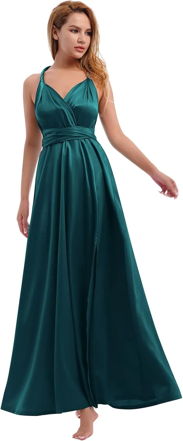 Women Satin Transformer Infinity Dress with Bandeau Convertible Bridesmaid Dress Split Long Formal Twist Wrap Multi-Way Dress