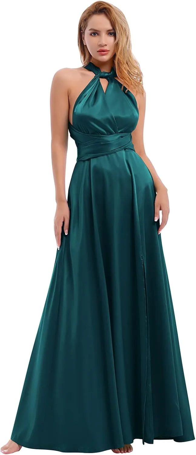 Women Satin Transformer Infinity Dress with Bandeau Convertible Bridesmaid Dress Split Long Formal Twist Wrap Multi-Way Dress