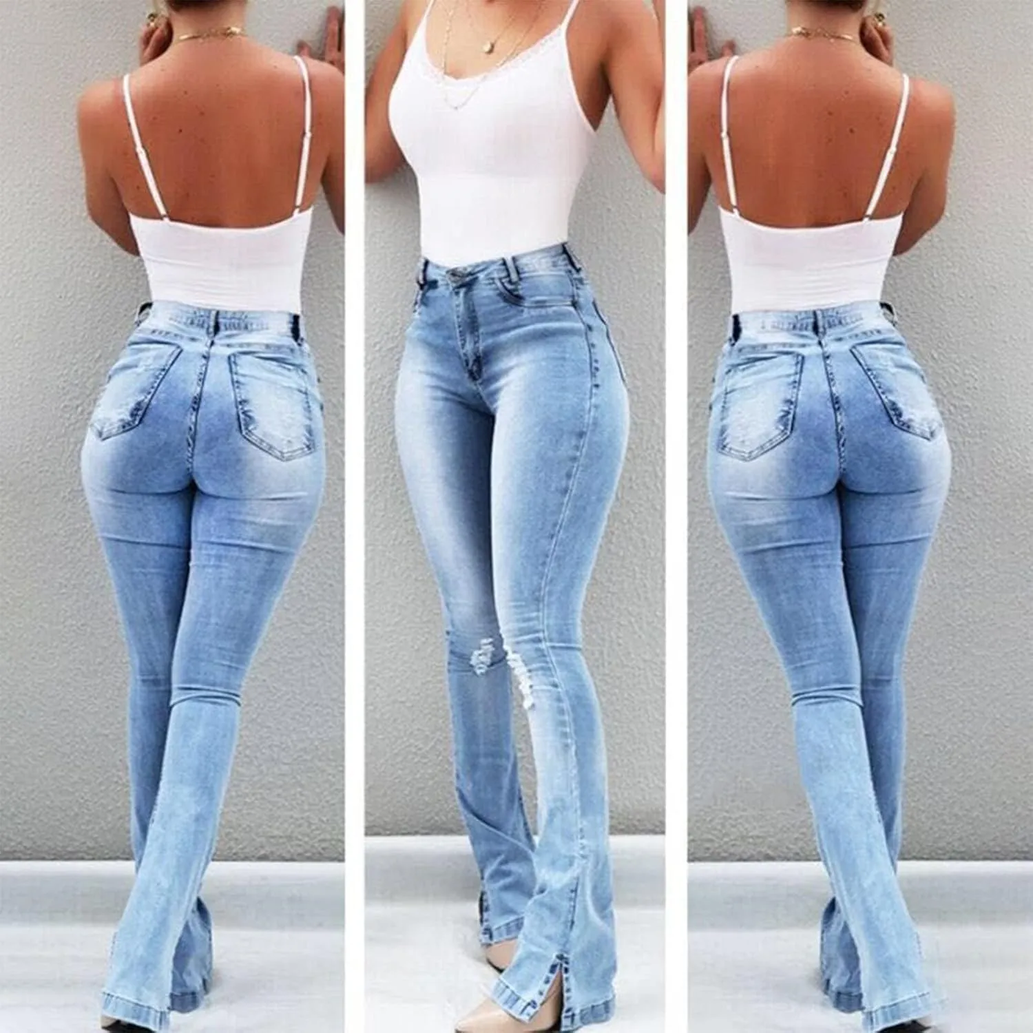 Women Sexy Ripped Hip Lift Denim Pants Bell Bottom Jeans Casual High Waisted Flare Jeans with Classic Wide Leg Pants