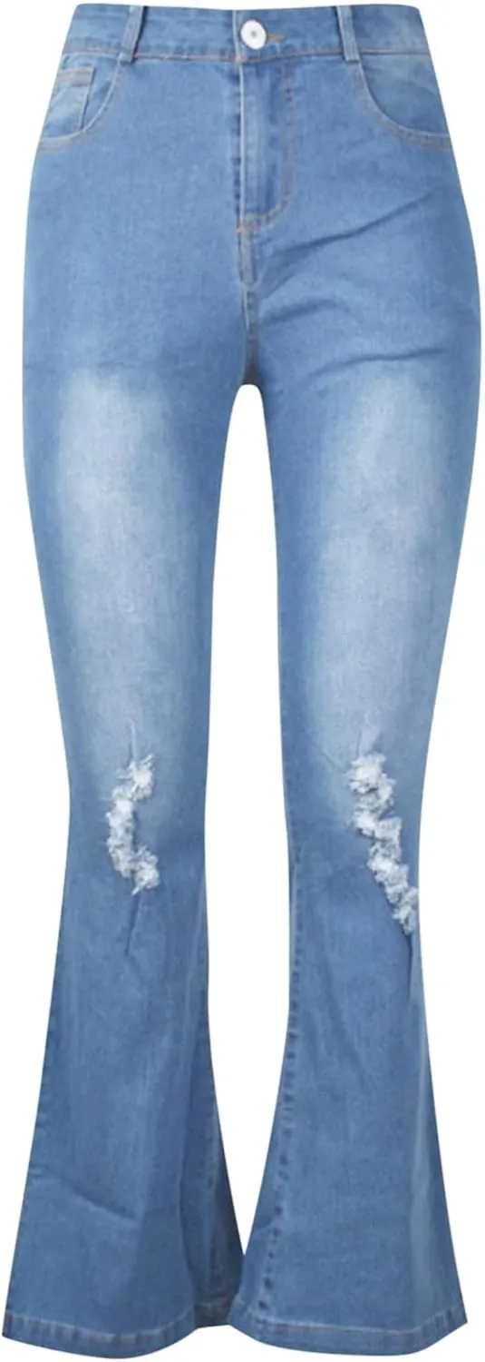 Women Sexy Ripped Hip Lift Denim Pants Bell Bottom Jeans Casual High Waisted Flare Jeans with Classic Wide Leg Pants