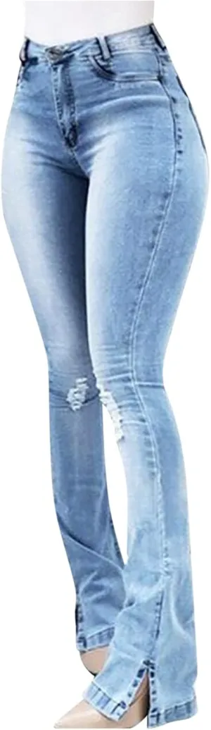 Women Sexy Ripped Hip Lift Denim Pants Bell Bottom Jeans Casual High Waisted Flare Jeans with Classic Wide Leg Pants