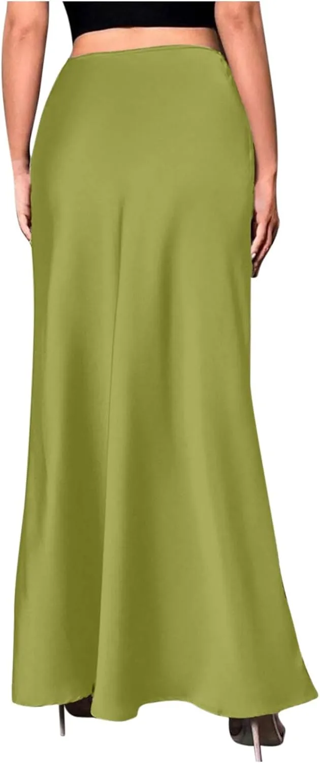 Women Silk Satin Skirt Summer Fashion Elegant High Waist Cocktail Party Skirts Casual Solid Sexy A Line Maxi Skirt