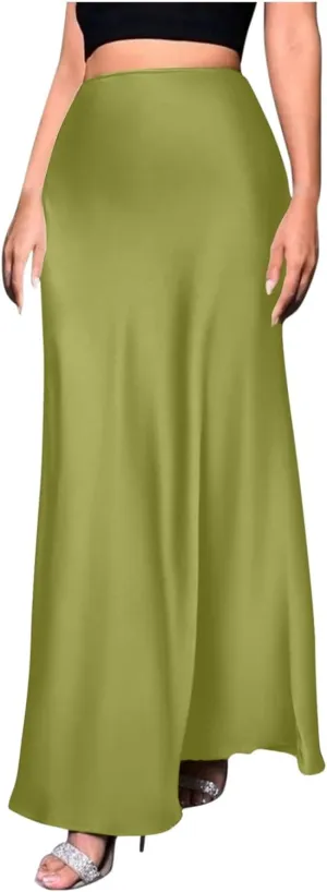 Women Silk Satin Skirt Summer Fashion Elegant High Waist Cocktail Party Skirts Casual Solid Sexy A Line Maxi Skirt
