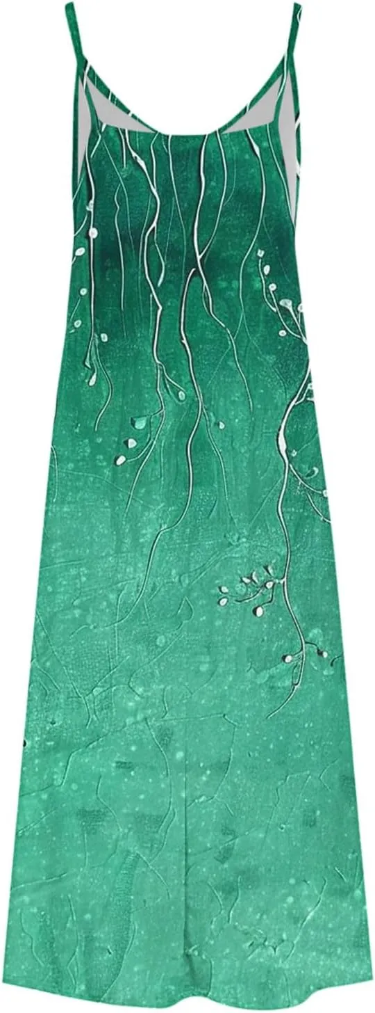Women Spaghetti Strap Sundress Floral Print Casual Summer Long Maxi Dress Trendy Sleeveless Boho Beach Dresses