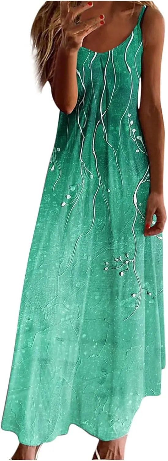 Women Spaghetti Strap Sundress Floral Print Casual Summer Long Maxi Dress Trendy Sleeveless Boho Beach Dresses