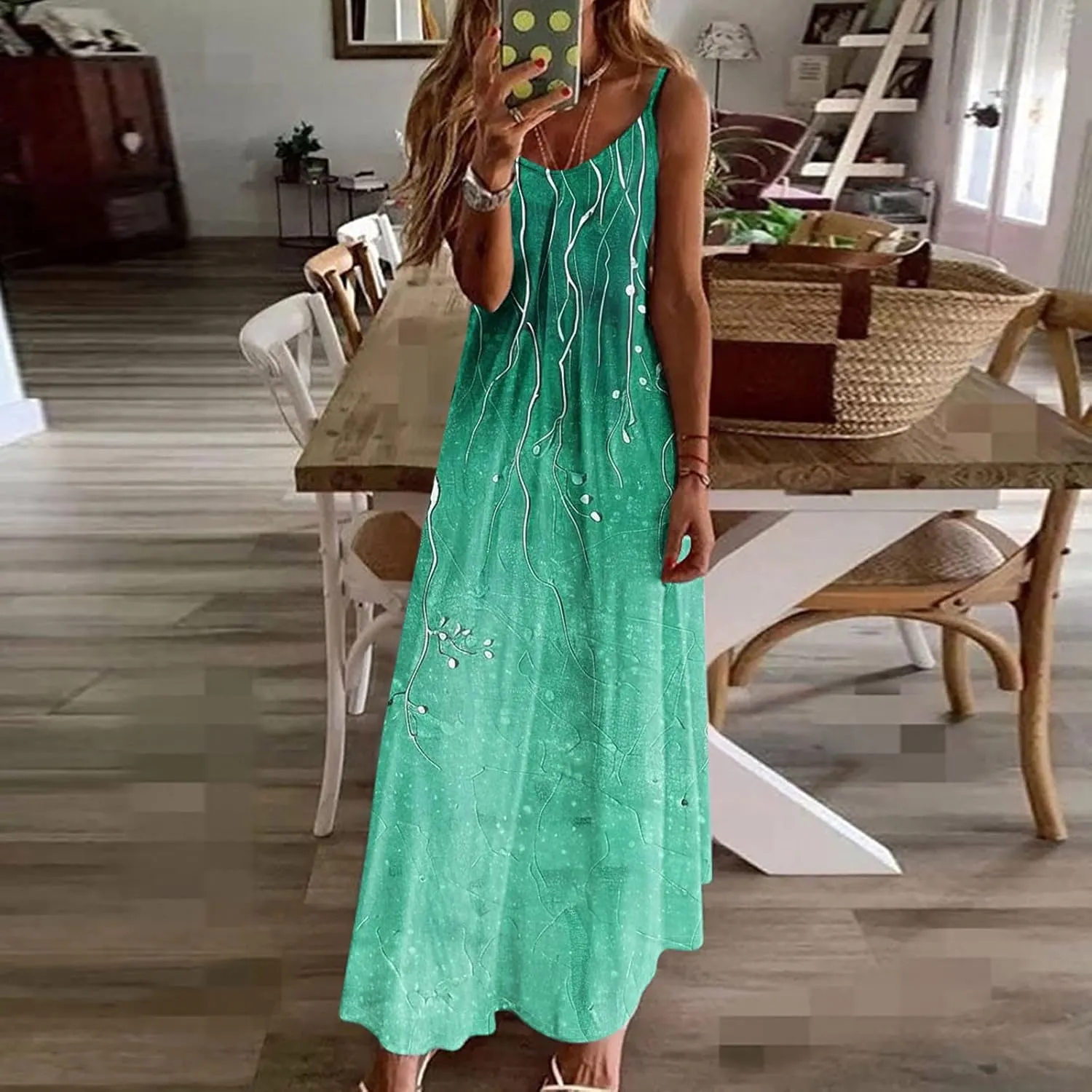 Women Spaghetti Strap Sundress Floral Print Casual Summer Long Maxi Dress Trendy Sleeveless Boho Beach Dresses