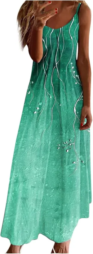 Women Spaghetti Strap Sundress Floral Print Casual Summer Long Maxi Dress Trendy Sleeveless Boho Beach Dresses