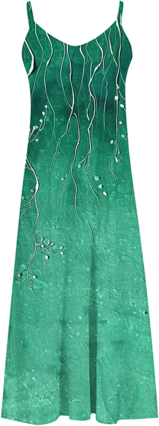 Women Spaghetti Strap Sundress Floral Print Casual Summer Long Maxi Dress Trendy Sleeveless Boho Beach Dresses