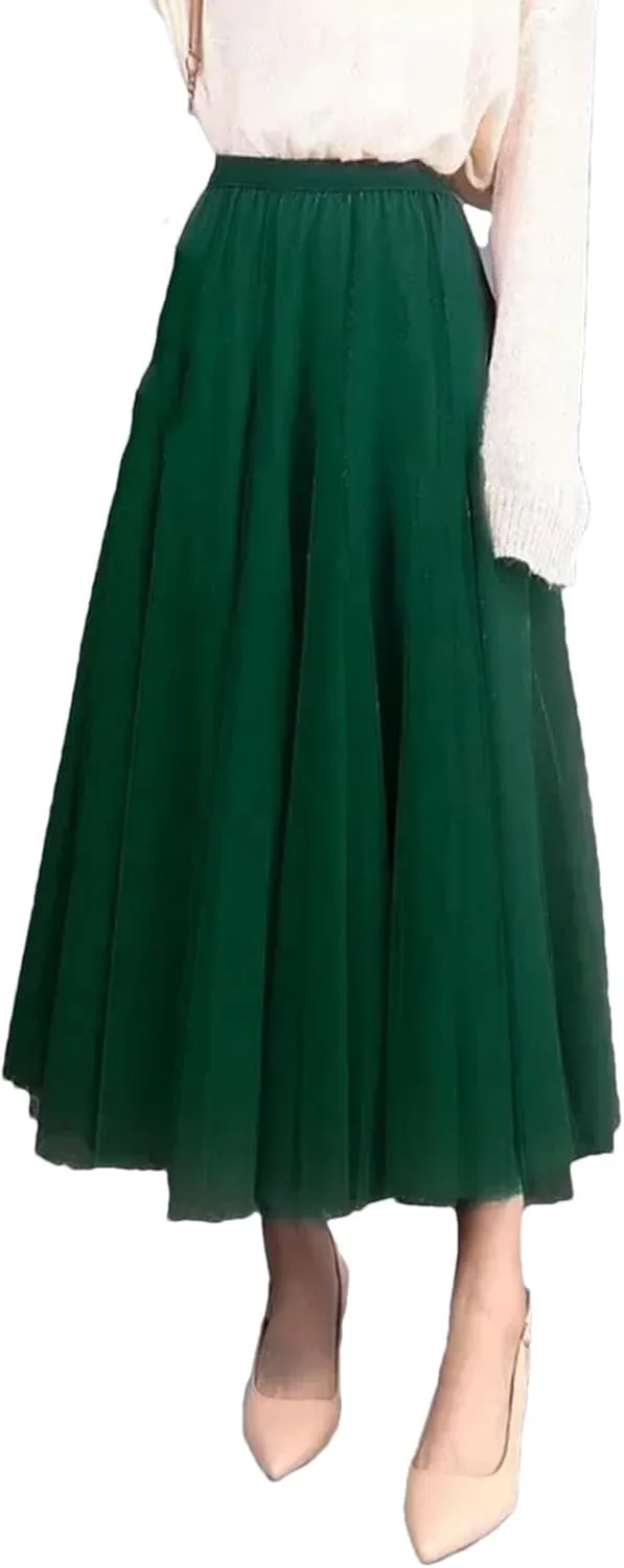 Women Spring Skirt Elastic Waist A-Line Pleated Skirt Solid Color Women Long Skirts