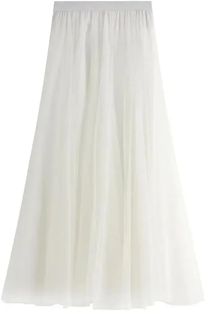 Women Spring Skirt Elastic Waist A-Line Pleated Skirt Solid Color Women Long Skirts