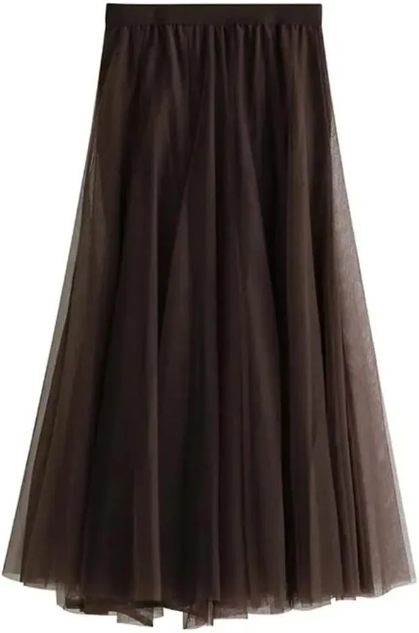 Women Spring Skirt Elastic Waist A-Line Pleated Skirt Solid Color Women Long Skirts