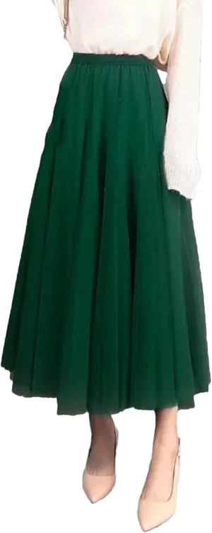 Women Spring Skirt Elastic Waist A-Line Pleated Skirt Solid Color Women Long Skirts