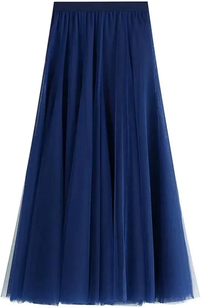 Women Spring Skirt Elastic Waist A-Line Pleated Skirt Solid Color Women Long Skirts