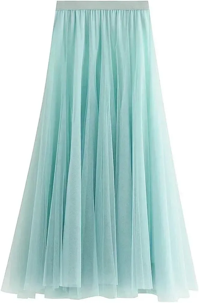 Women Spring Skirt Elastic Waist A-Line Pleated Skirt Solid Color Women Long Skirts