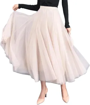 Women Spring Skirt Elastic Waist A-Line Pleated Skirt Solid Color Women Long Skirts