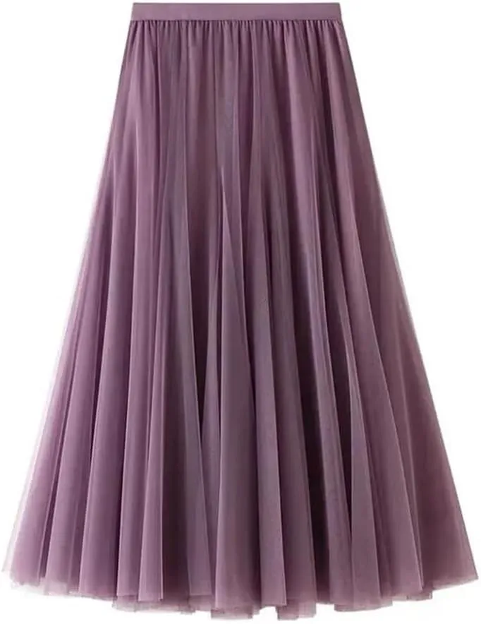 Women Spring Skirt Elastic Waist A-Line Pleated Skirt Solid Color Women Long Skirts