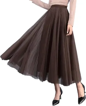 Women Spring Skirt Elastic Waist A-Line Pleated Skirt Solid Color Women Long Skirts