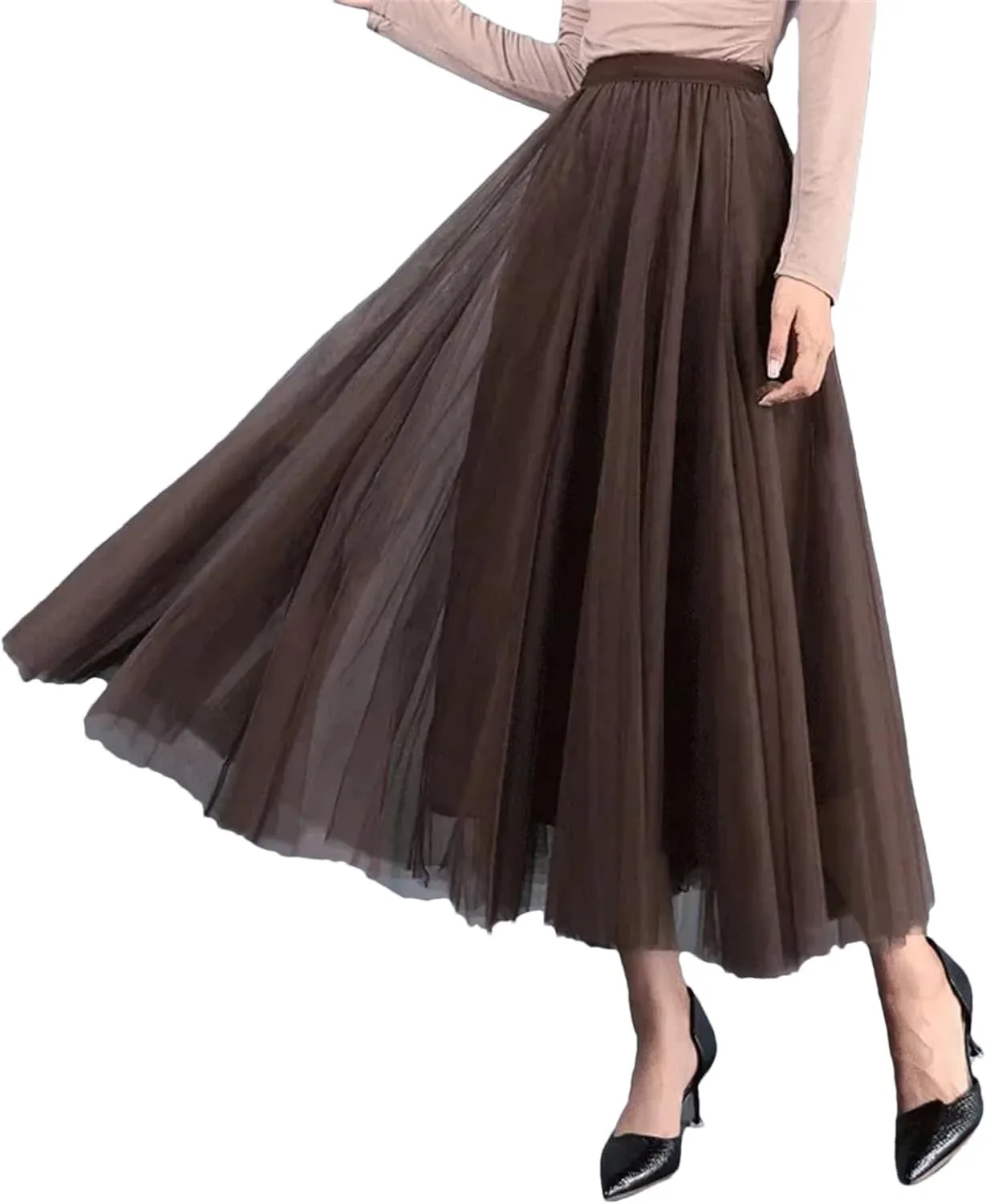 Women Spring Skirt Elastic Waist A-Line Pleated Skirt Solid Color Women Long Skirts
