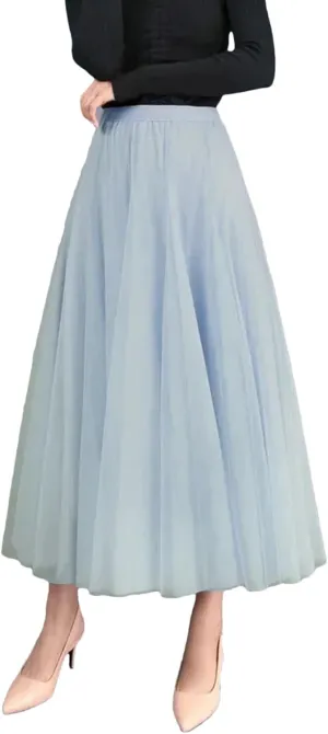 Women Spring Skirt Elastic Waist A-Line Pleated Skirt Solid Color Women Long Skirts