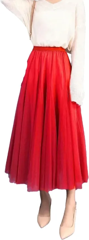 Women Spring Skirt Elastic Waist A-Line Pleated Skirt Solid Color Women Long Skirts