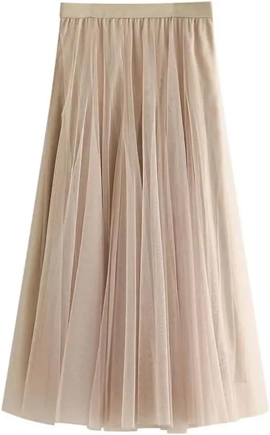 Women Spring Skirt Elastic Waist A-Line Pleated Skirt Solid Color Women Long Skirts