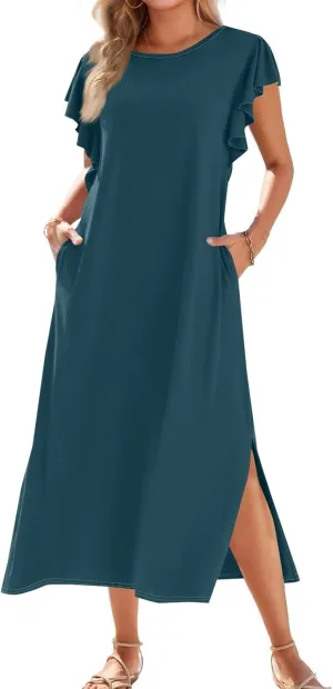 Women Summer Casual Ruffle Sleeve Loose Sundress Round Neck Split Long Maxi Beach Dress with Pockets