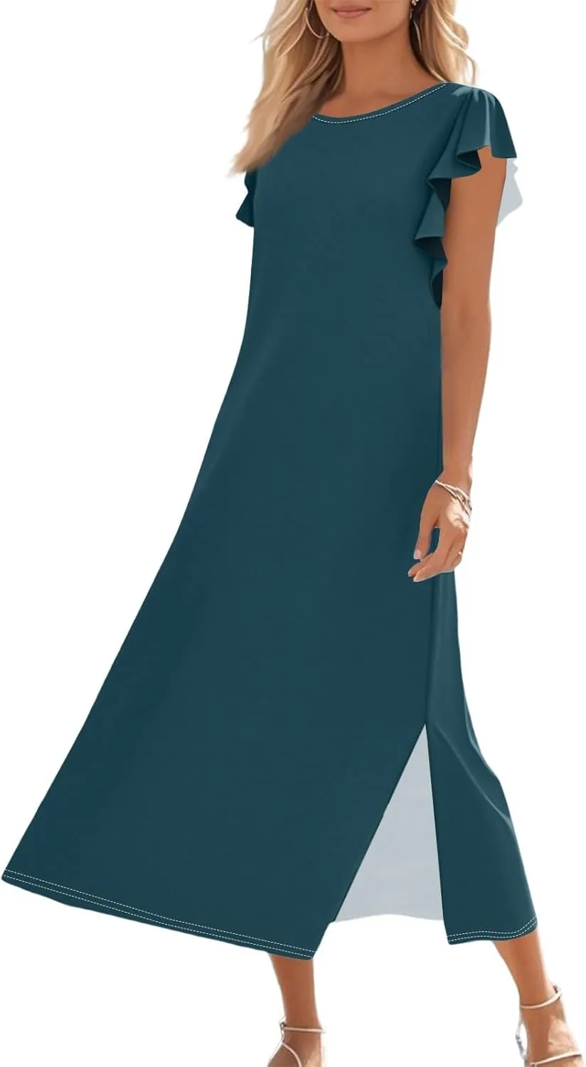 Women Summer Casual Ruffle Sleeve Loose Sundress Round Neck Split Long Maxi Beach Dress with Pockets