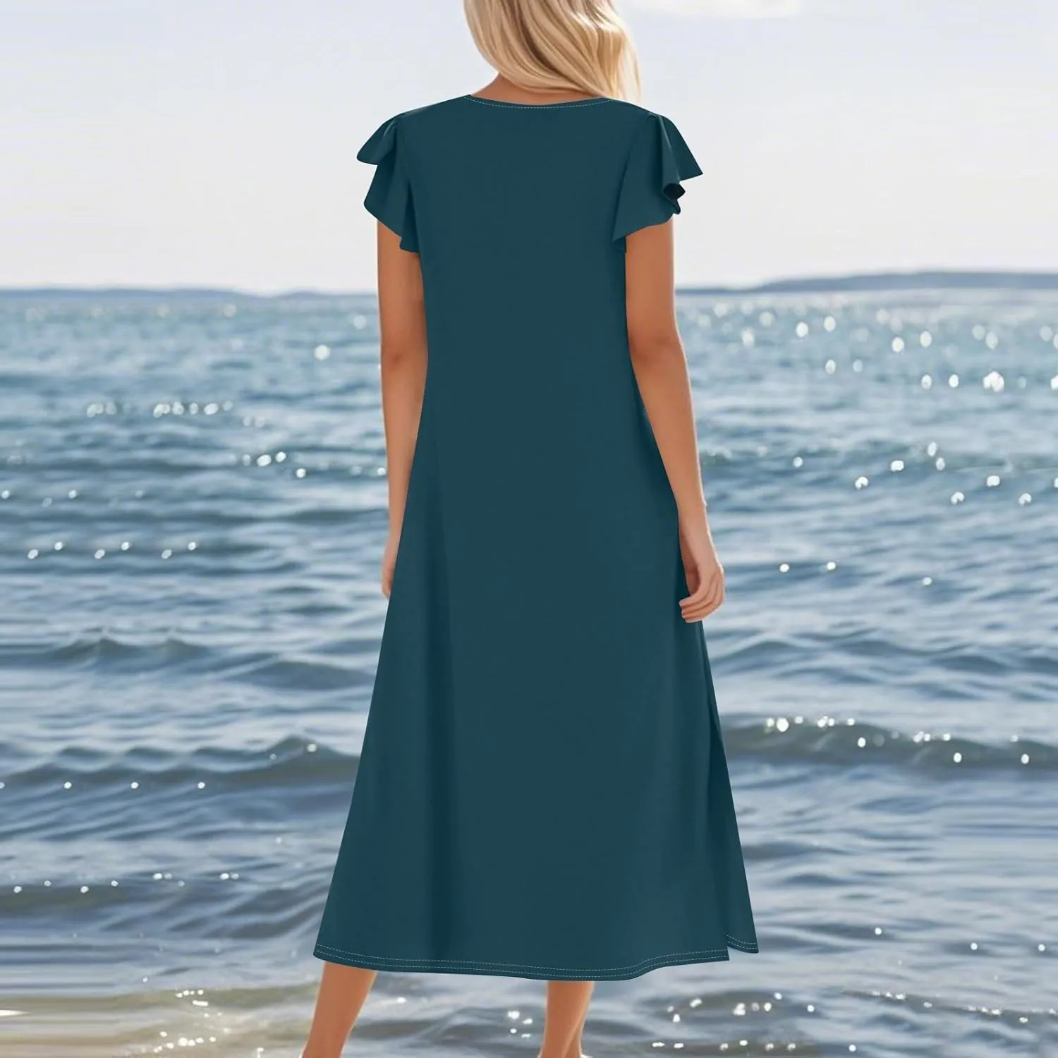 Women Summer Casual Ruffle Sleeve Loose Sundress Round Neck Split Long Maxi Beach Dress with Pockets