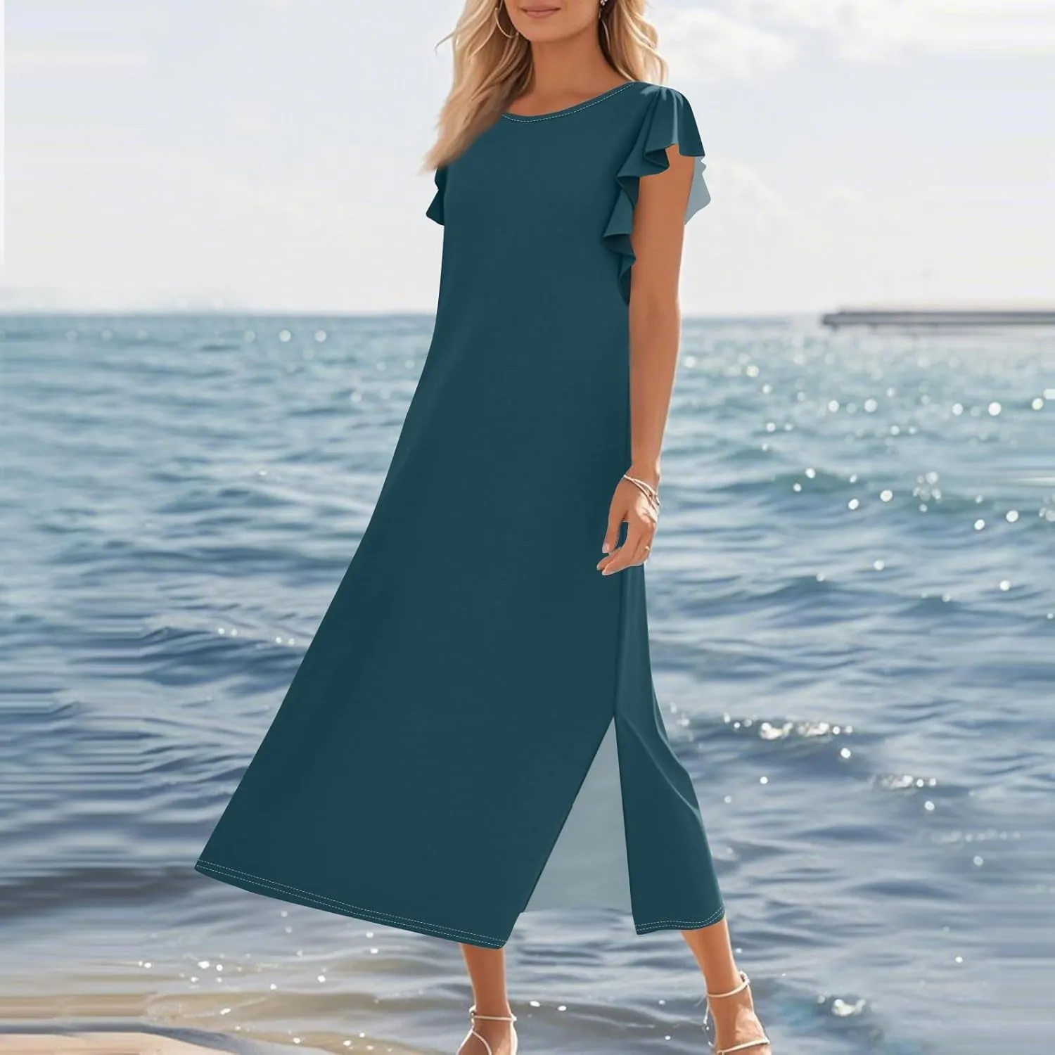 Women Summer Casual Ruffle Sleeve Loose Sundress Round Neck Split Long Maxi Beach Dress with Pockets