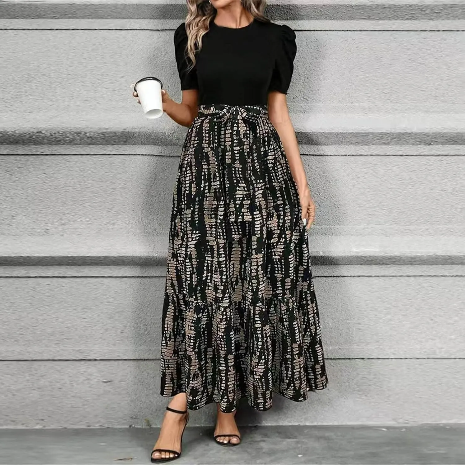 Women Summer Dresses Flowy Casual Long Dress High Waist Elegant Maxi Dress Floral Printrd A-Line Dress with Belt