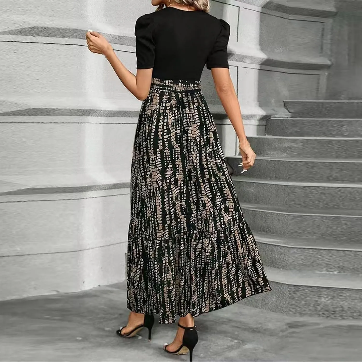 Women Summer Dresses Flowy Casual Long Dress High Waist Elegant Maxi Dress Floral Printrd A-Line Dress with Belt