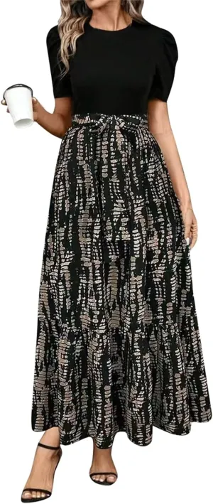Women Summer Dresses Flowy Casual Long Dress High Waist Elegant Maxi Dress Floral Printrd A-Line Dress with Belt