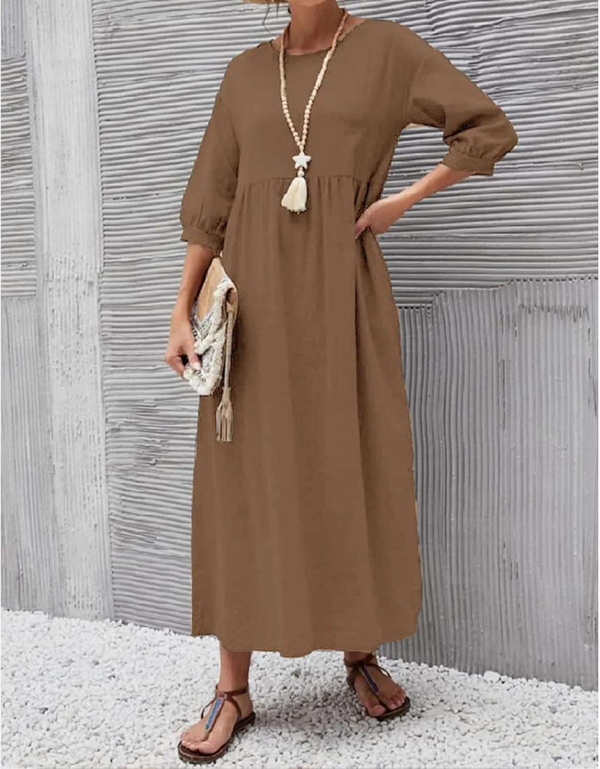Women Summer Maxi Dress Cotton Linen Casual Comfy Crew Neck Half Sleeve Sundress Loose Solid Beach Dress with Pockets